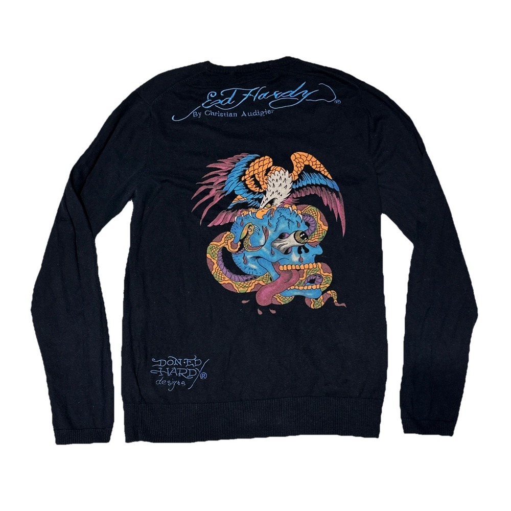 VTG Y2K Ed Hardy L/S Sweater Shirt Men's SZ L Skull Snake Eagle Bling Christian